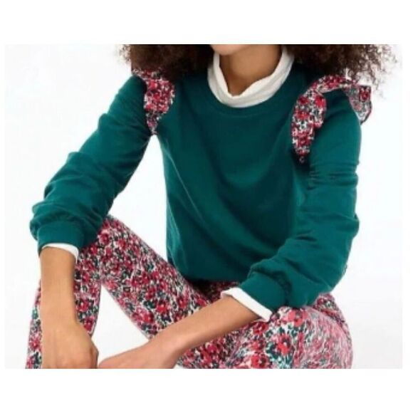 J Crew Green Floral Ruffle Long Sleeve Sweater Women’s Small - Picture 1 of 8